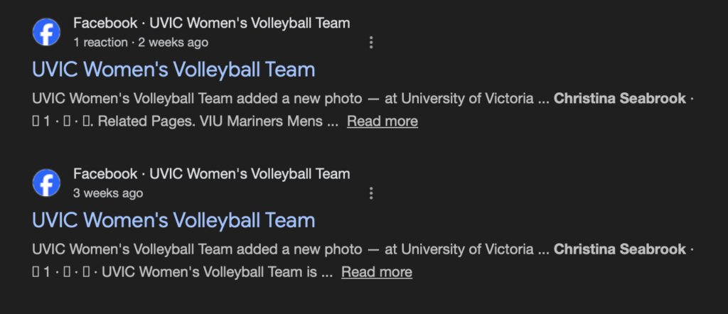 Screenshot of google search of my name + UVIC with results of the Facebook posts that I have liked from the UVIC Women's Volleyball team